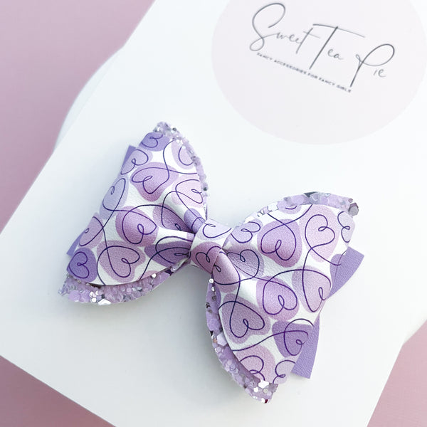 Lavender Hearts Pinched Loop Hair Bow