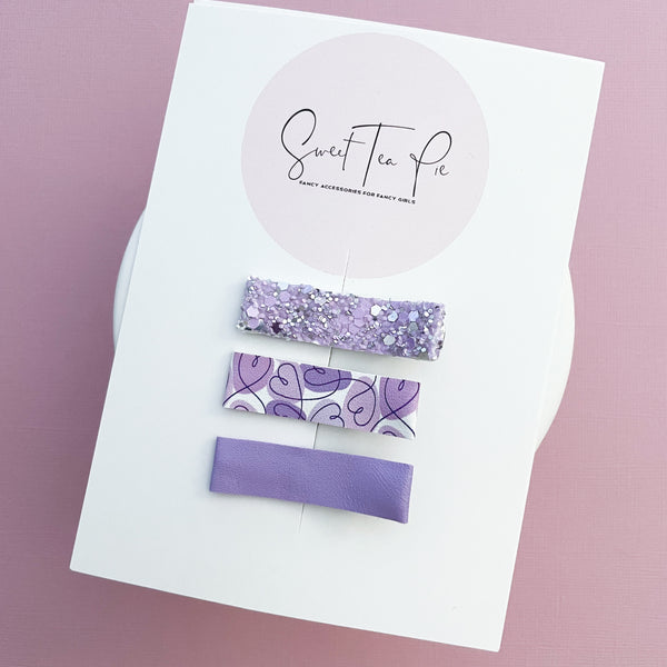 Lavender Hearts Lined Alligator Clip - Set of 3