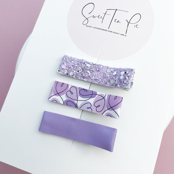 Lavender Hearts Lined Alligator Clip - Set of 3