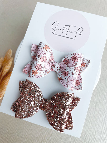 Pink Pumpkin Patch Single Loop Hair Bow Set