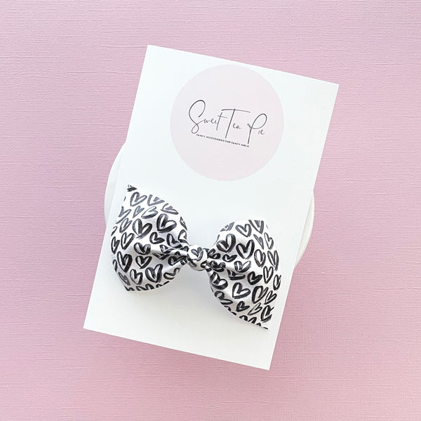 Monochrome Hearts Knot Hair Bow