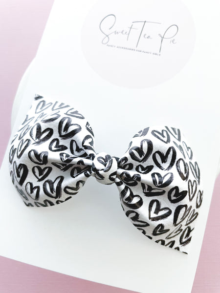 Monochrome Hearts Knot Hair Bow