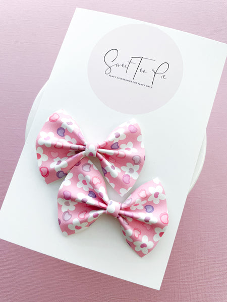Flower Hearts Pigtail Hair Bows