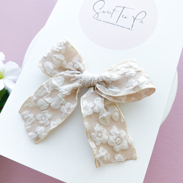 Cream Embossed Ribbon Hair Bow