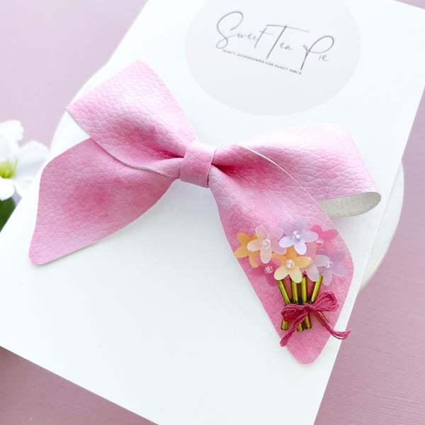 Rose Pink Floral Bouquet Sequin Dripped Schoolgirl Bow